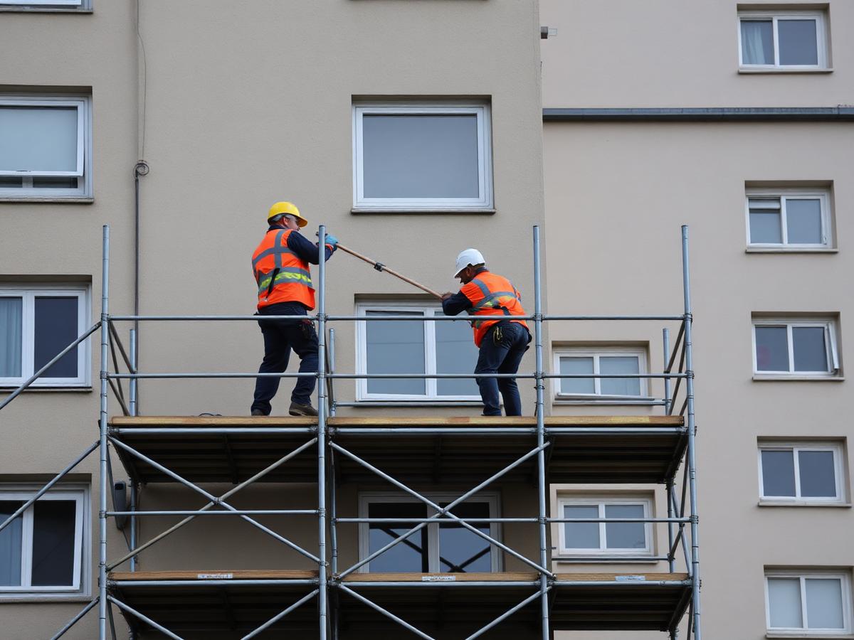 Ställningsmontörer från Stattum AB arbetar på en fasadställning