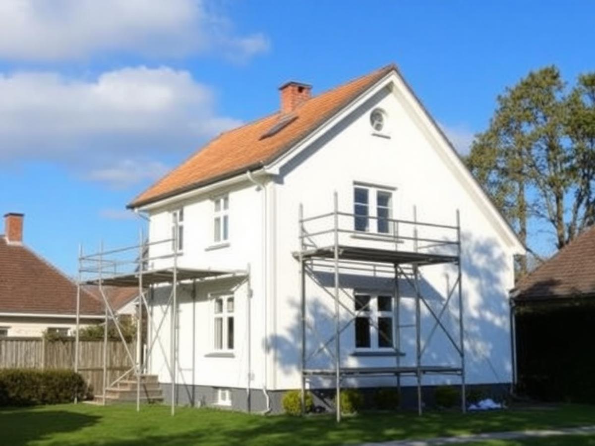 Villa med byggnadsställning under renovering i Norrköping