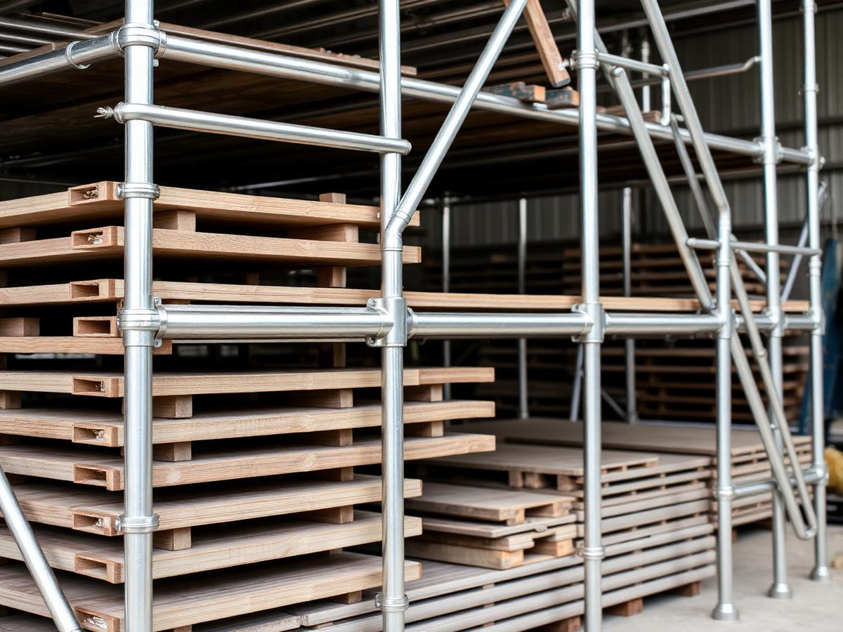 Ställningsmaterial och moduler inför montage åt S:t Anna Hus i Täby